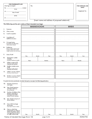 Notice of Intended Marriage Form 13