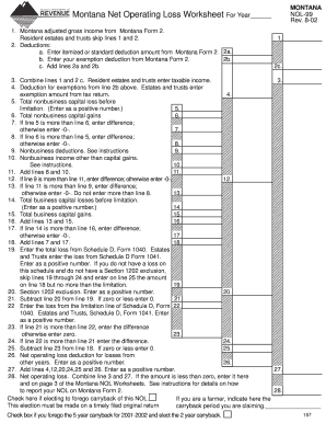 Montana Net Operating Loss Worksheet