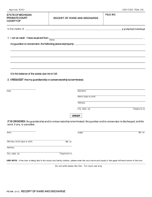 Michigan Probate Court Receipt of Ward and Discharge