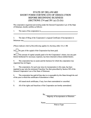 Delaware Short Form Certificate of Dissolution