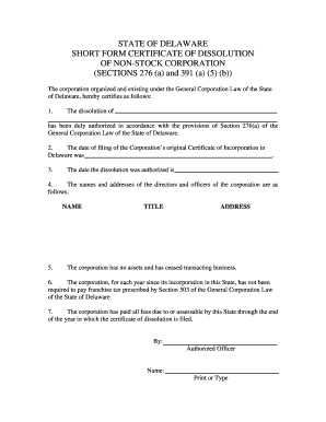 Delaware Non-Stock Corporation Dissolution Certificate