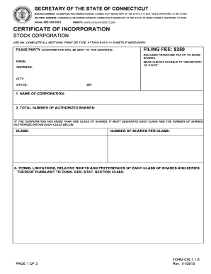 Connecticut Certificate of Incorporation for Stock Corporation