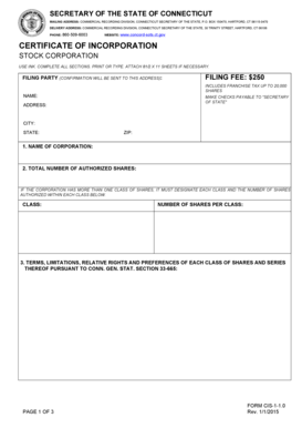 Connecticut Certificate of Incorporation for Stock Corporation