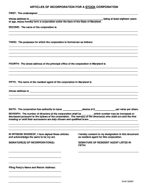 Maryland Articles of Incorporation for a Stock Corporation