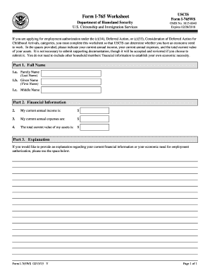 Form I-765 Worksheet for Employment Authorization