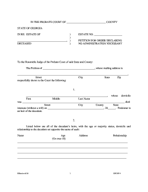 Georgia Petition for Order Declaring No Administration Necessary