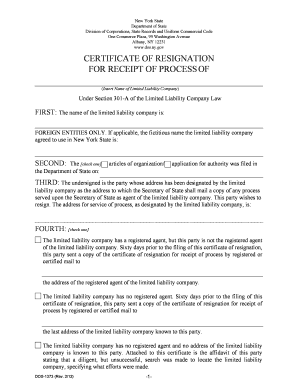 New York LLC Certificate of Resignation for Receipt of Process