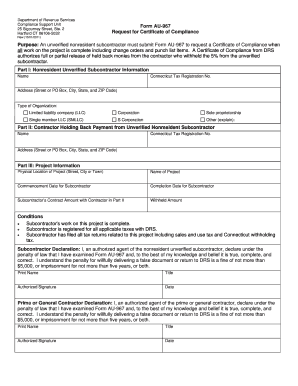 Connecticut Request for Certificate of Compliance