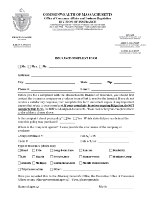 Massachusetts Insurance Complaint Form