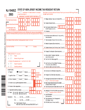 New Jersey Income Tax Resident Return Form NJ-1040EZ