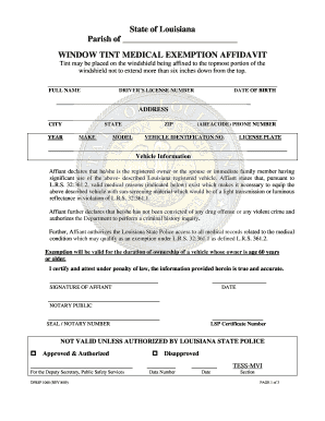 Louisiana Window Tint Medical Exemption Affidavit