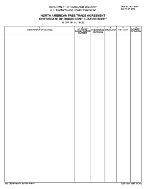 NAFTA Certificate of Origin Continuation Sheet