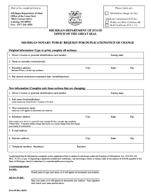 Michigan Notary Public Request for Duplicate/Notice of Change