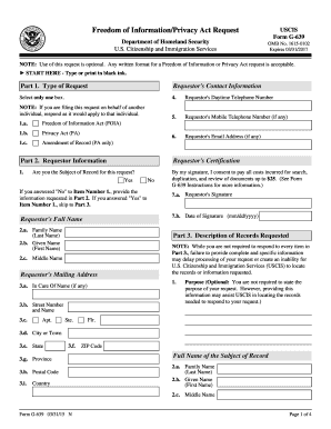 USCIS Form G-639 Freedom of Information/Privacy Act Request