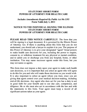 Illinois Statutory Short Form Power of Attorney for Health Care