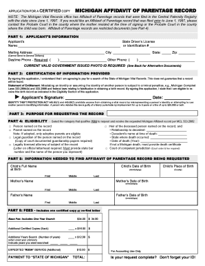 Michigan Affidavit of Parentage Record Application