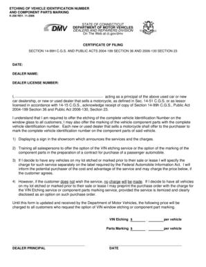 Connecticut VIN Etching and Component Parts Marking Certificate