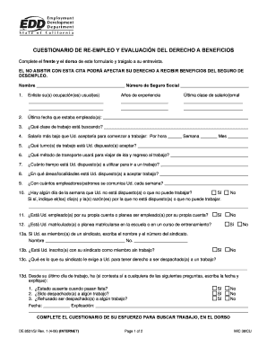CUESTIONARIO DE RE-EMPLEO Y EVALUACIÓN DEL DERECHO A BENEFICIOS