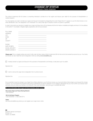New Jersey Organ Donor Registration Form
