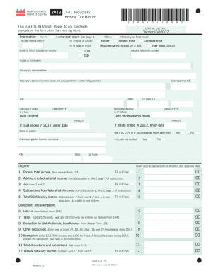 District of Columbia 2012 D-41 Fiduciary Income Tax Return