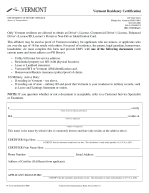 Vermont Residency Certification