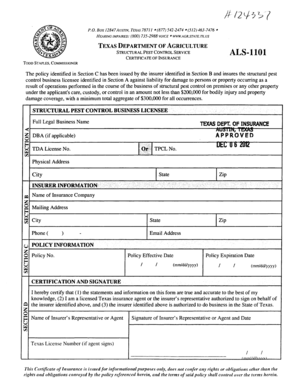 Texas Structural Pest Control Insurance Certificate