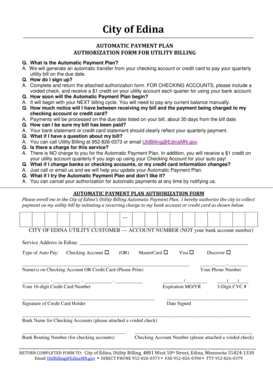 City of Edina Utility Billing Automatic Payment Plan Authorization Form