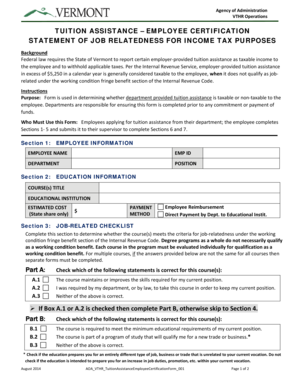 Vermont Tuition Assistance Employee Certification Form