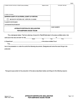 California Subpoena Duces Tecum Affidavit