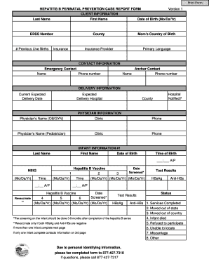 Hepatitis B Perinatal Prevention Case Report Form