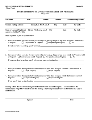 Sworn Statement for Child Day Programs