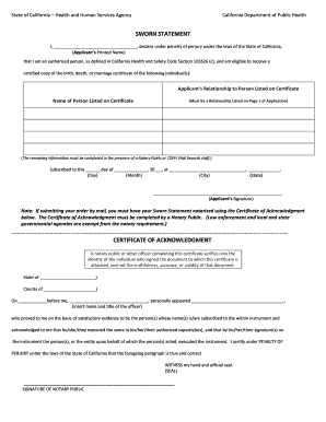 California Sworn Statement for Vital Records