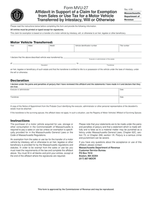 Massachusetts Motor Vehicle Tax Exemption Affidavit
