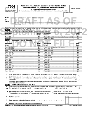 IRS Form 7004 Application for Automatic Extension of Time