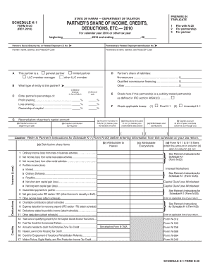 Hawaii Schedule K-1 Form N-20