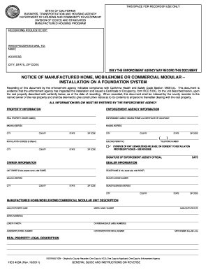 California Notice of Manufactured Home Installation