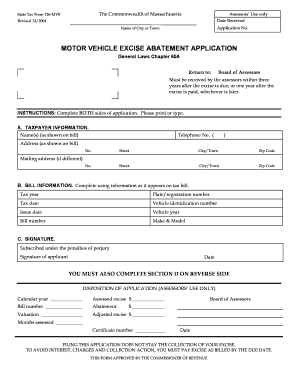 Massachusetts Motor Vehicle Excise Abatement Application