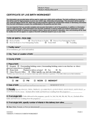 Certificate of Live Birth Worksheet