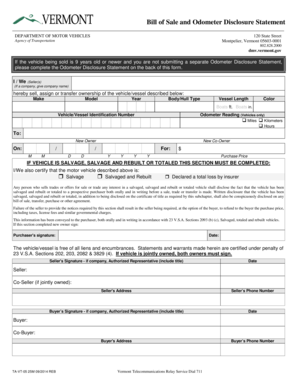 Vermont Bill of Sale and Odometer Disclosure Statement