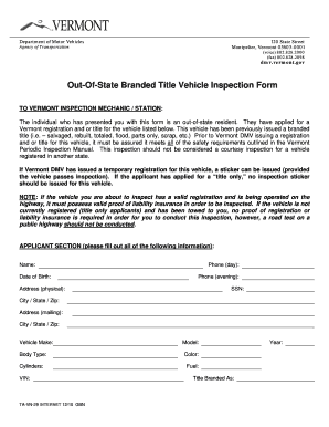 Vermont Out-of-State Branded Title Vehicle Inspection Form