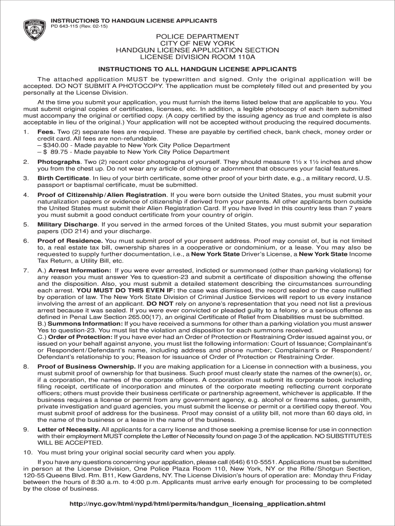 INSTRUCTIONS TO HANDGUN LICENSE APPLICANTS nyc Fill out & sign