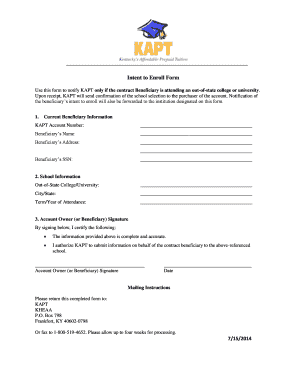Intent to Enroll Form for Out-of-State College