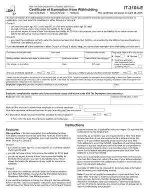 New York State Certificate of Exemption from Withholding IT-2104-E