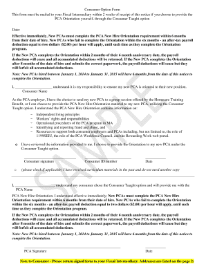 PCA Orientation Consumer Option Form