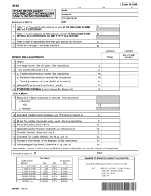 2012 Delaware Non-Resident Withholding Form W-4NR