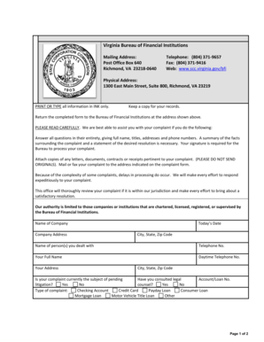 Virginia Financial Institution Complaint Form