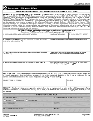 VA Form 10-8678 Annual Clothing Allowance Application