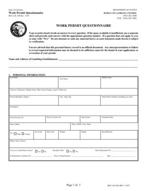 California Gambling Establishment Work Permit Questionnaire
