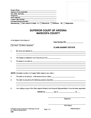 Arizona Claim Against Estate and Objection to Estate Administration