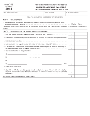 New Jersey Urban Transit Hub Tax Credit Form